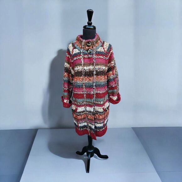 CURIO Jackets & Blazers - Curio Chunky Knit Striped Cardigan Sweater Coat Wool Blend Boho Hippy Artsy Med
